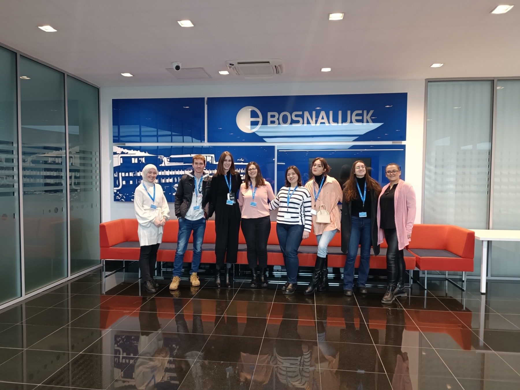 Futures Leaders Summit visit to Bosnalijek pharmaceutical company students at the entrance