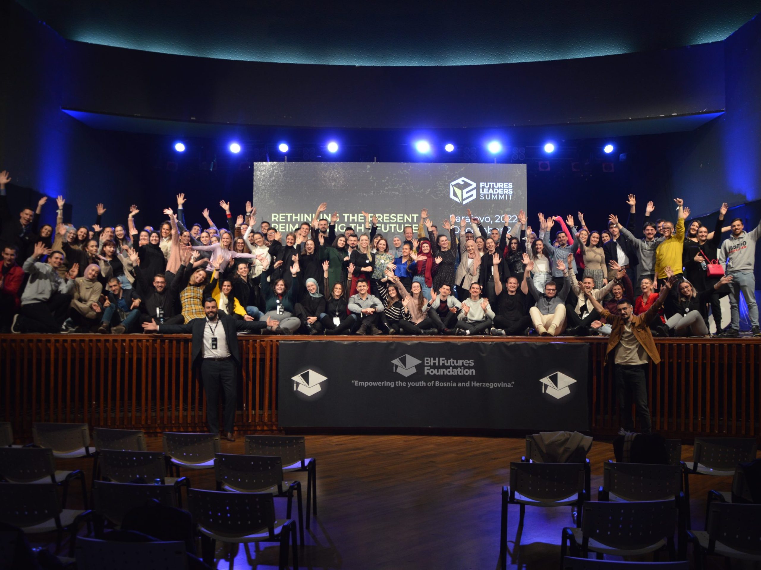 participants of Futures Leaders Summit 2024 taking a group photo at the stage
